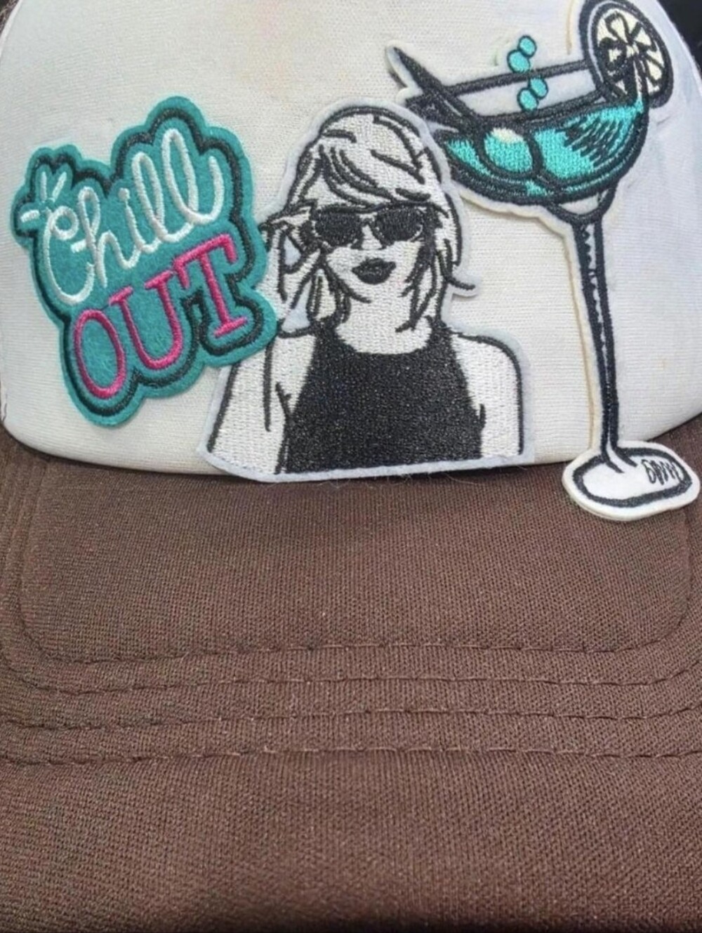 Chill Out Embroidered Trucker Hat - Brown & White